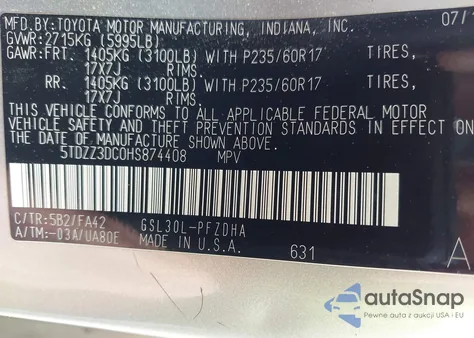 2017 Toyota Sienna L 7 Passenger z USA, uszkodzony, nr VIN 5TDZZ3DC0HS874408